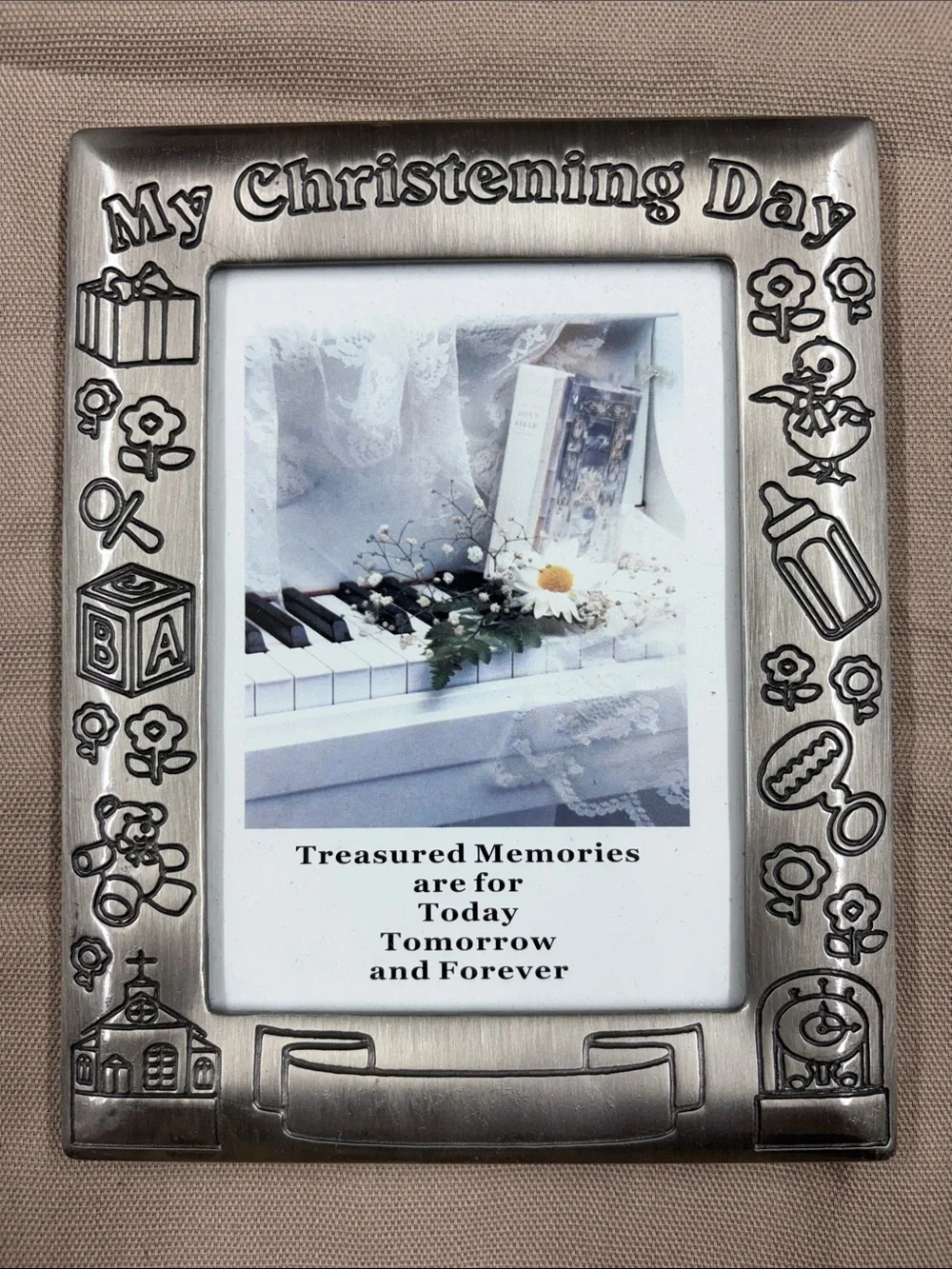 My Christening Day Silver Plate Photo Frame. Embossed Details & Customizable 4x6